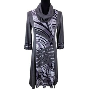 Dzhavael Art To Wear Midi Dress Size S Gray Purple Artsy Jersey Knit Boho